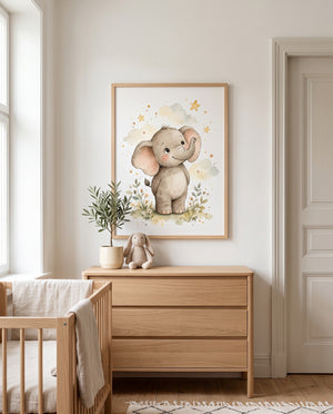 Elefanten-Poster mit Sternenhimmel in einem skandinavischen Kinderzimmer