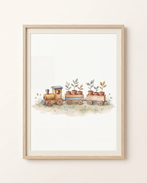 Kinderzimmer-Poster mit kleiner Holzeisenbahn und bepflanzten Wagen in einem hellen Holzrahmen