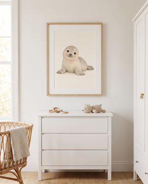 Kinderzimmer-Poster Kleine Robbe in einem minimalistisch gestalteten Babyzimmer
