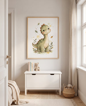 Poster Kleiner Dino im Grünen in einem skandinavisch eingerichteten Kinderzimmer