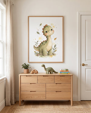 Kinderposter mit grünem Dinosaurier in einer gemütlichen Kuschelecke