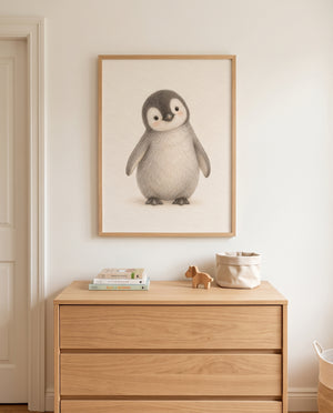 Poster mit rundlichem Pinguinküken in einem Babyzimmer mit Holzkommode
