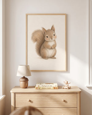 Eichhörnchen-Poster in einem Babyzimmer mit Holzkommode