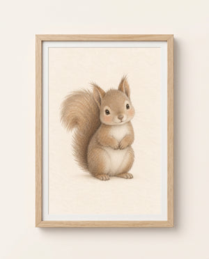 Poster mit sitzendem Eichhörnchen als Titelbild im Rahmen