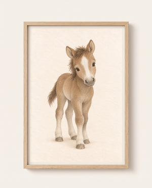 Kinderzimmer-Poster mit einem braunen Fohlen mit heller Blesse im Rahmen