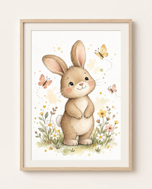 Kinderzimmer Poster mit braunem Häschen auf einer Blumenwiese und drei Schmetterlingen