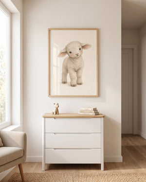 Kinderposter mit jungem Schaf, großen dunklen Augen und rosiger Schnauze in einem minimalistischen Babyzimmer