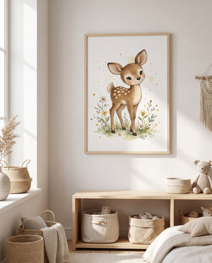 Kinderposter mit Rehkitz und Blumen in einem Montessori-Kinderzimmer