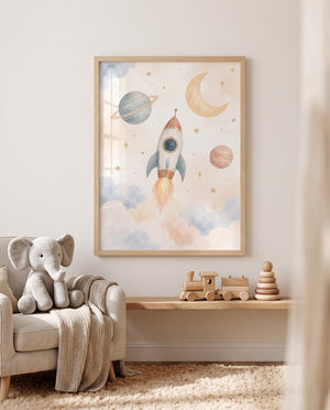 Raketen-Poster mit Planeten und Sternen in einer gemütlichen Kuschelecke