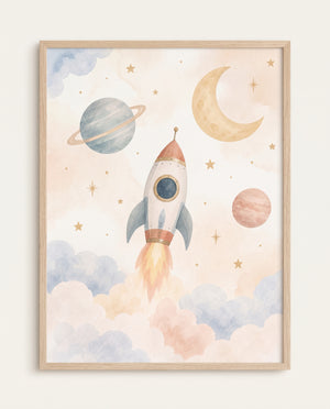Raketenmotiv mit Planeten, Mondsichel und Sternen im Rahmen als Titelansicht