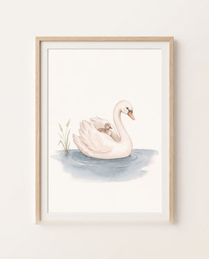Poster im hellen Holzrahmen an einer hellen Wand: weißer Schwan mit kleinem Küken auf dem Rücken, blaugraue Wasserfläche und Gräser auf cremefarbenem Hintergrund.