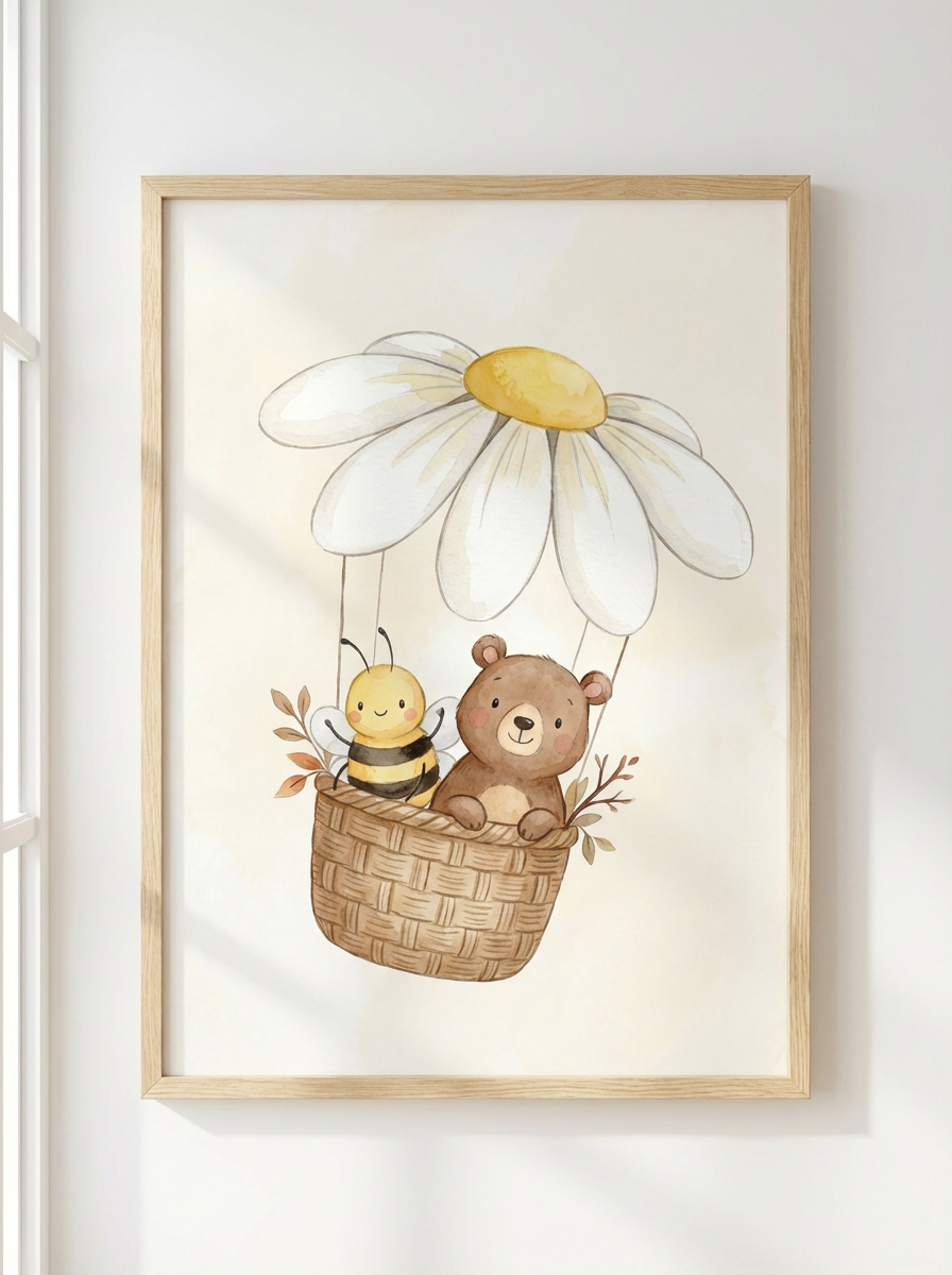 Bär und Biene im Gänseblümchen-Heißluftballon | Kinderzimmer Poster
