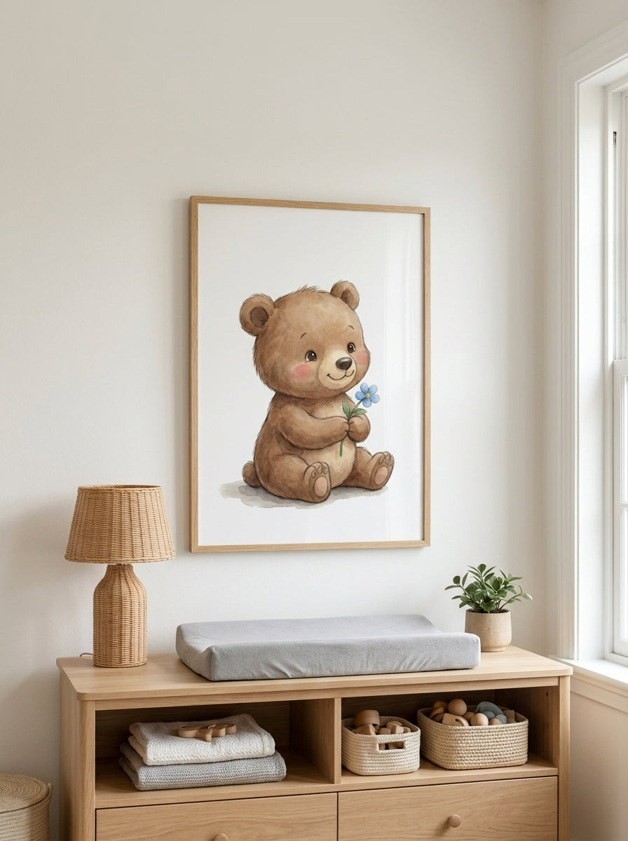 Kleiner Bär mit blauer Blume | Kinderzimmer Poster