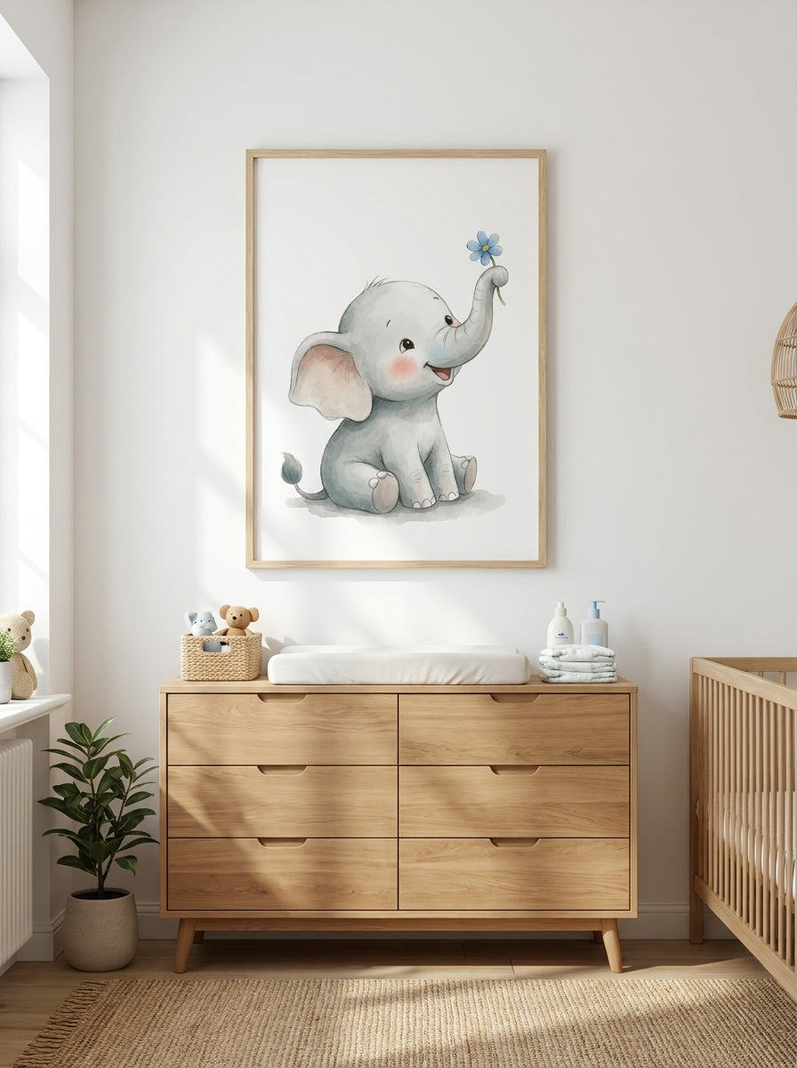 Kleiner Elefant mit Blume | Kinderzimmer Poster