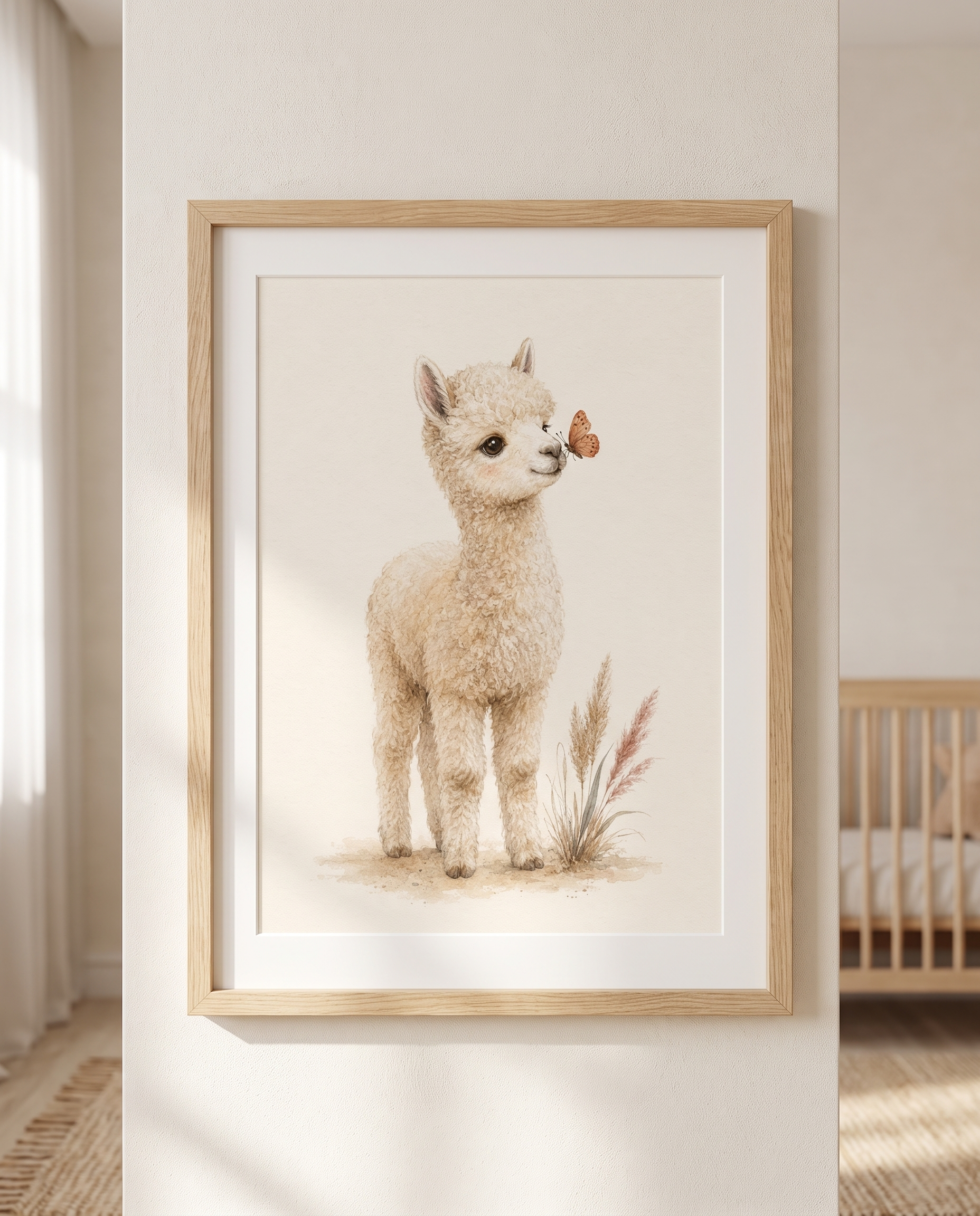 Kleines Alpaka mit Schmetterling | Kinderzimmer Poster