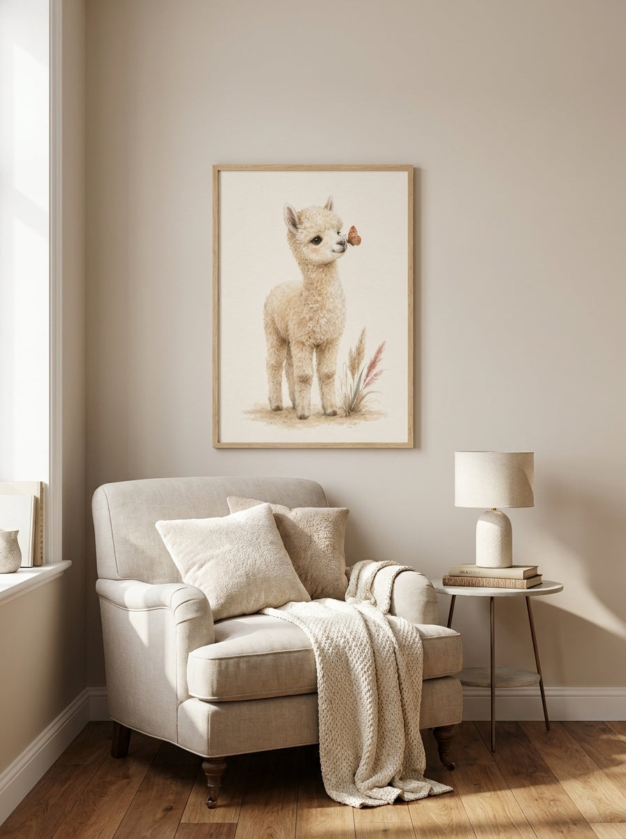 Kleines Alpaka mit Schmetterling | Kinderzimmer Poster