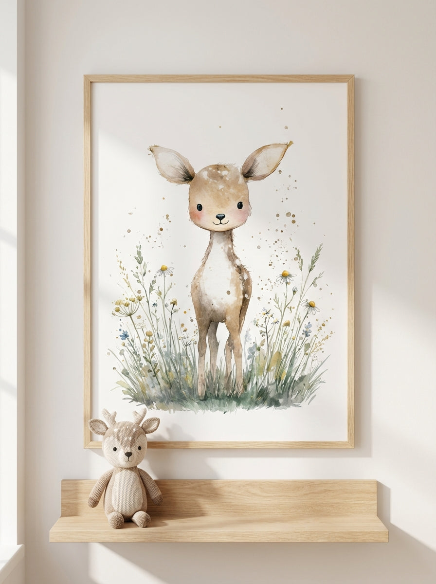 Kleines Rehkitz in der Blumenwiese | Kinderzimmer Poster