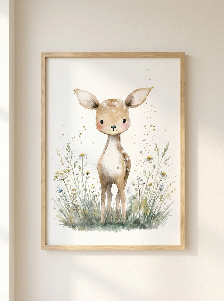 Kleines Rehkitz in der Blumenwiese | Kinderzimmer Poster