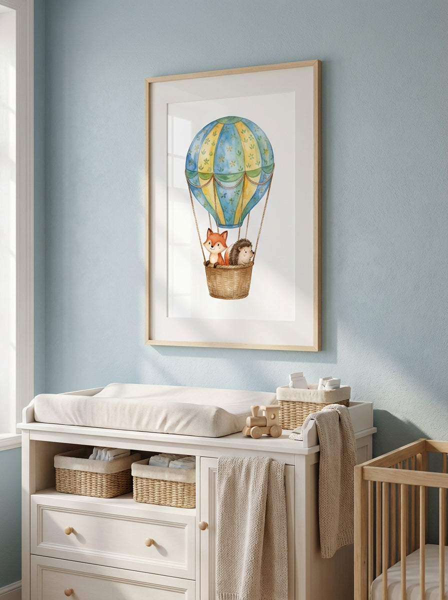 Fuchs und Igel im Heißluftballon | Kinderzimmer Poster