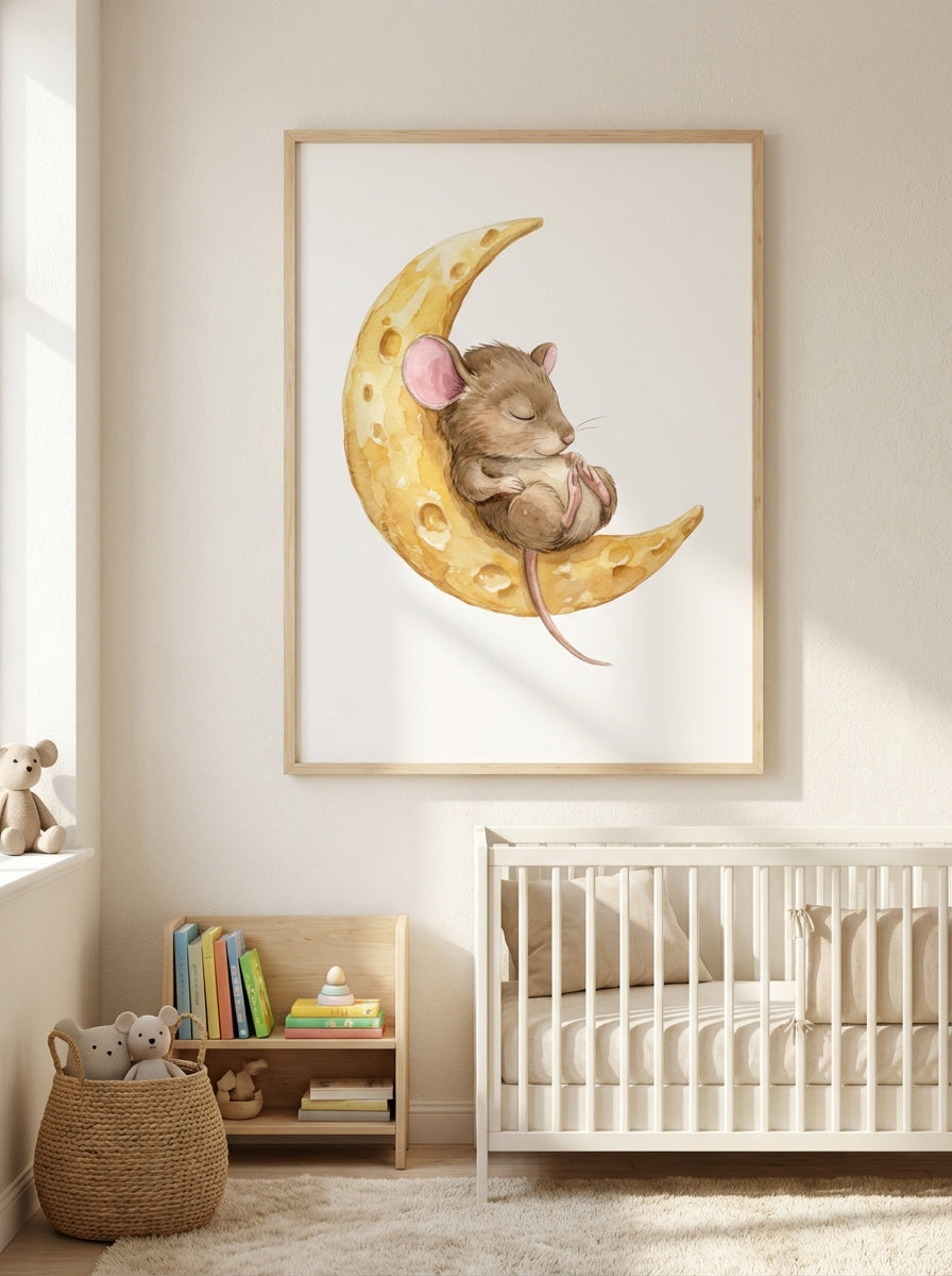 Schlummernde Maus auf dem Käsemond | Kinderzimmer Poster