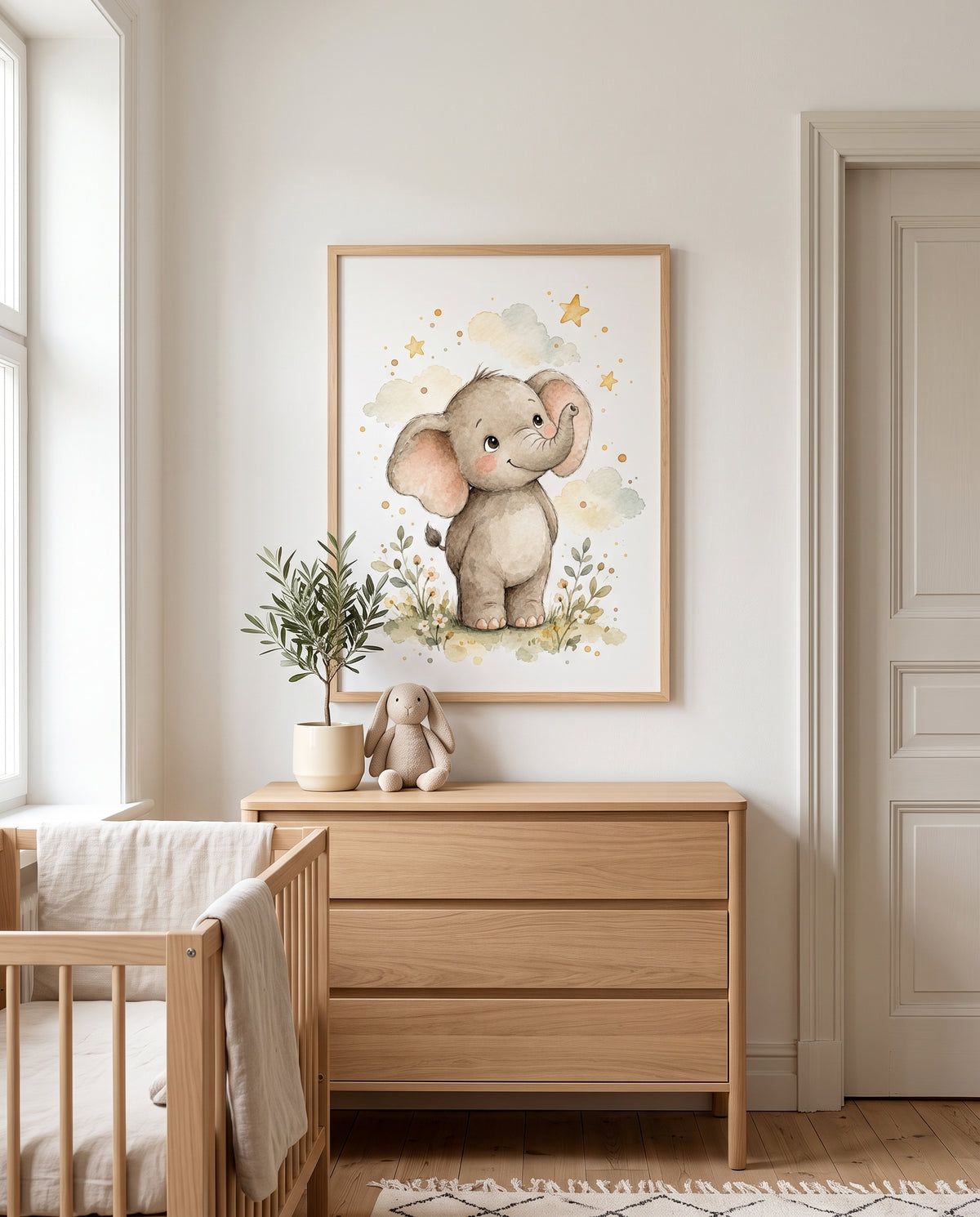 Elefanten-Poster mit Sternenhimmel in einem skandinavischen Kinderzimmer