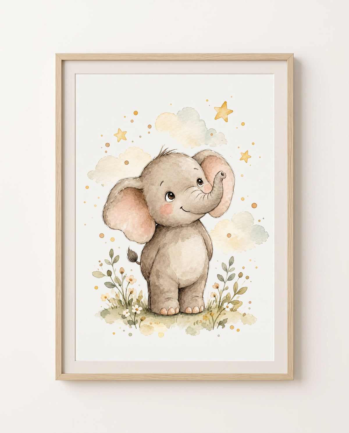 Kinderzimmer-Poster mit zwei Elefanten zwischen Gräsern, Blüten, Wolken und goldenen Sternen