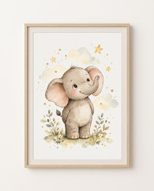 Kinderzimmer-Poster mit zwei Elefanten zwischen Gräsern, Blüten, Wolken und goldenen Sternen