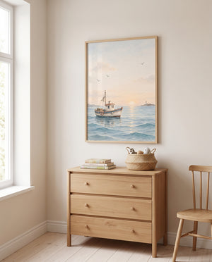 Poster mit Fischerboot im Abendlicht in einem skandinavischen Kinderzimmer