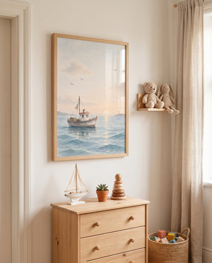 Maritimes Poster mit Boot, Möwen und Leuchtturm in einer gemütlichen Kuschelecke