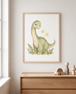 Dinosaurier-Poster mit freundlichem Langhals in einem skandinavisch eingerichteten Kinderzimmer