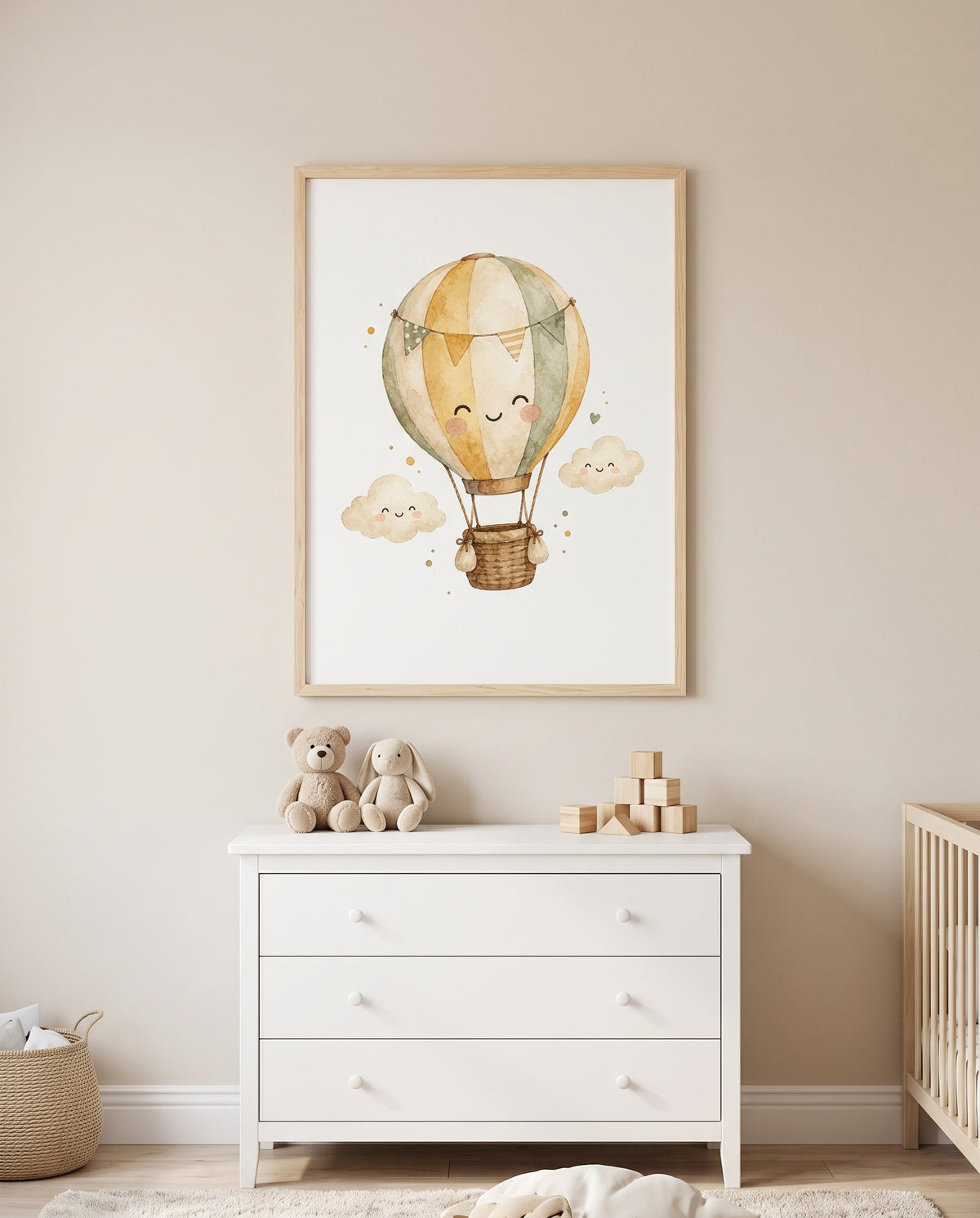 Poster mit lächelndem Heißluftballon und Wolken in einer gemütlichen Kuschelecke