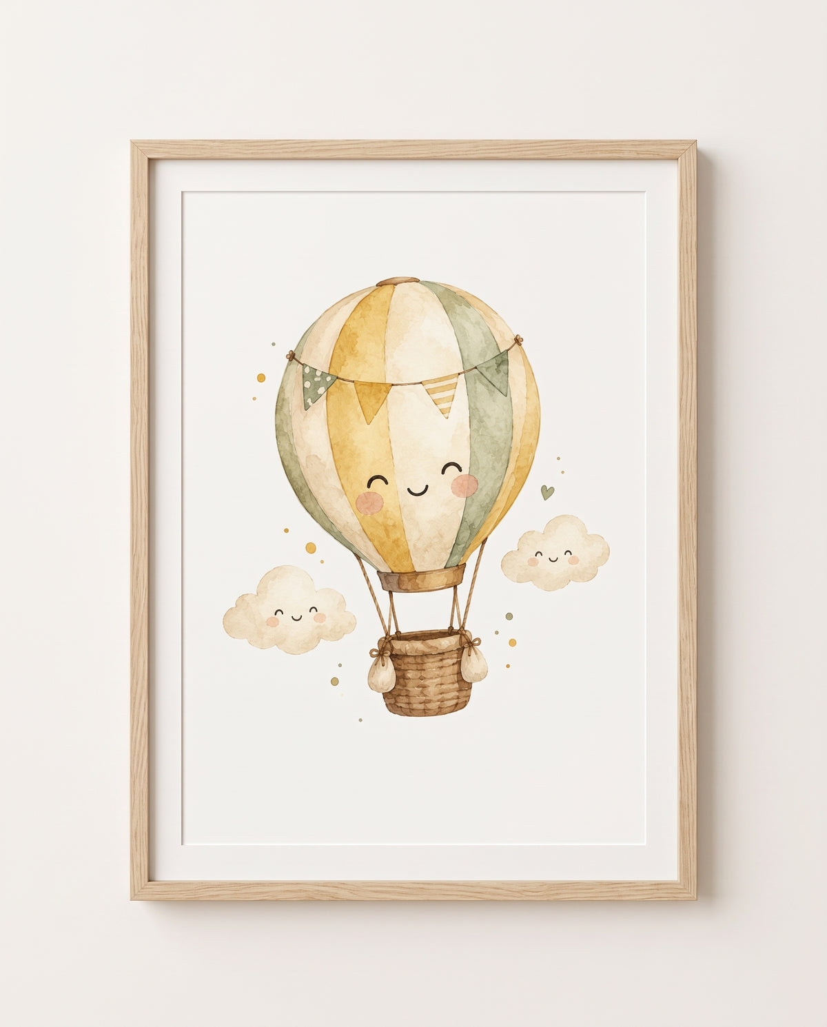 Poster Fröhliche Ballonfahrt mit lächelndem Heißluftballon und zwei Wolken im Rahmen