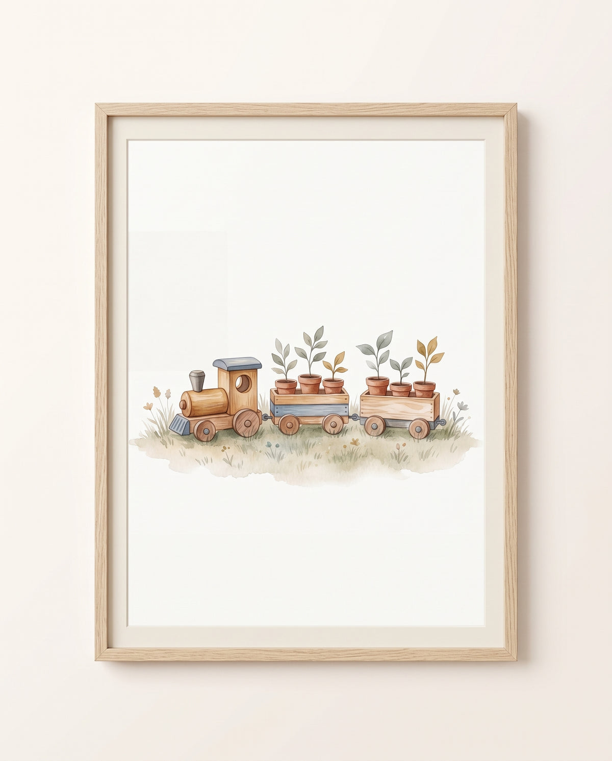 Kinderzimmer-Poster mit kleiner Holzeisenbahn und bepflanzten Wagen in einem hellen Holzrahmen