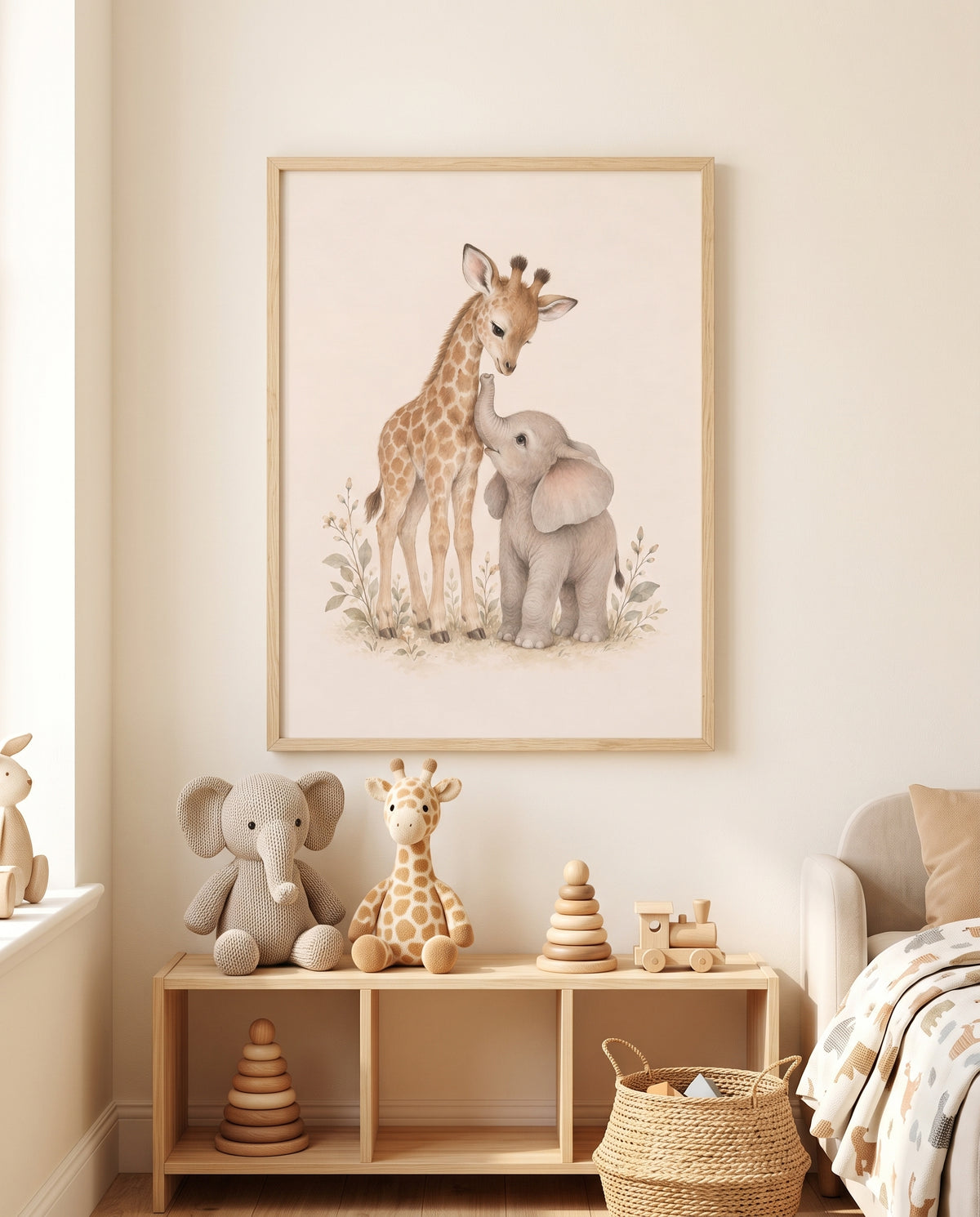 Poster mit Giraffe und Elefantenkalb in sanften Naturtönen in einer gemütlichen Kuschelecke