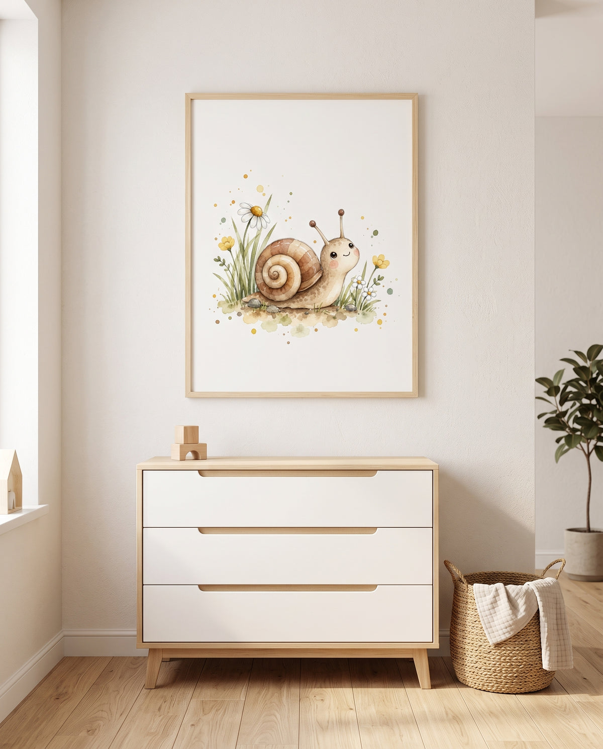 Kinderzimmer-Poster mit Schnecke und Blumen in einem minimalistischen Babyzimmer