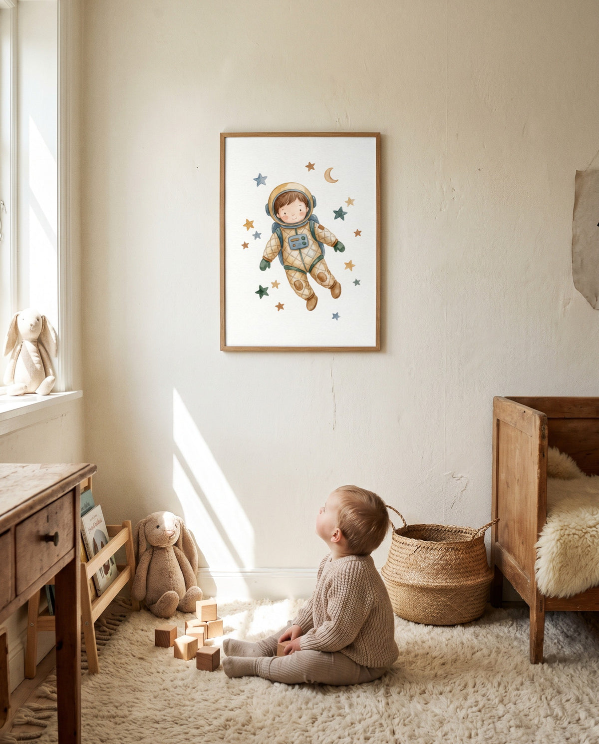 Gerahmtes Astronautenposter an einer hellen Wand im Kinderzimmer. Ein Kleinkind sitzt mit Holzbausteinen auf einem flauschigen Teppich, umgeben von Stoffhasen, einem Korb und Holzmöbeln.