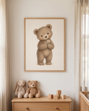 Poster mit einem Gänseblümchen haltenden Bären in einer gemütlichen Kuschelecke