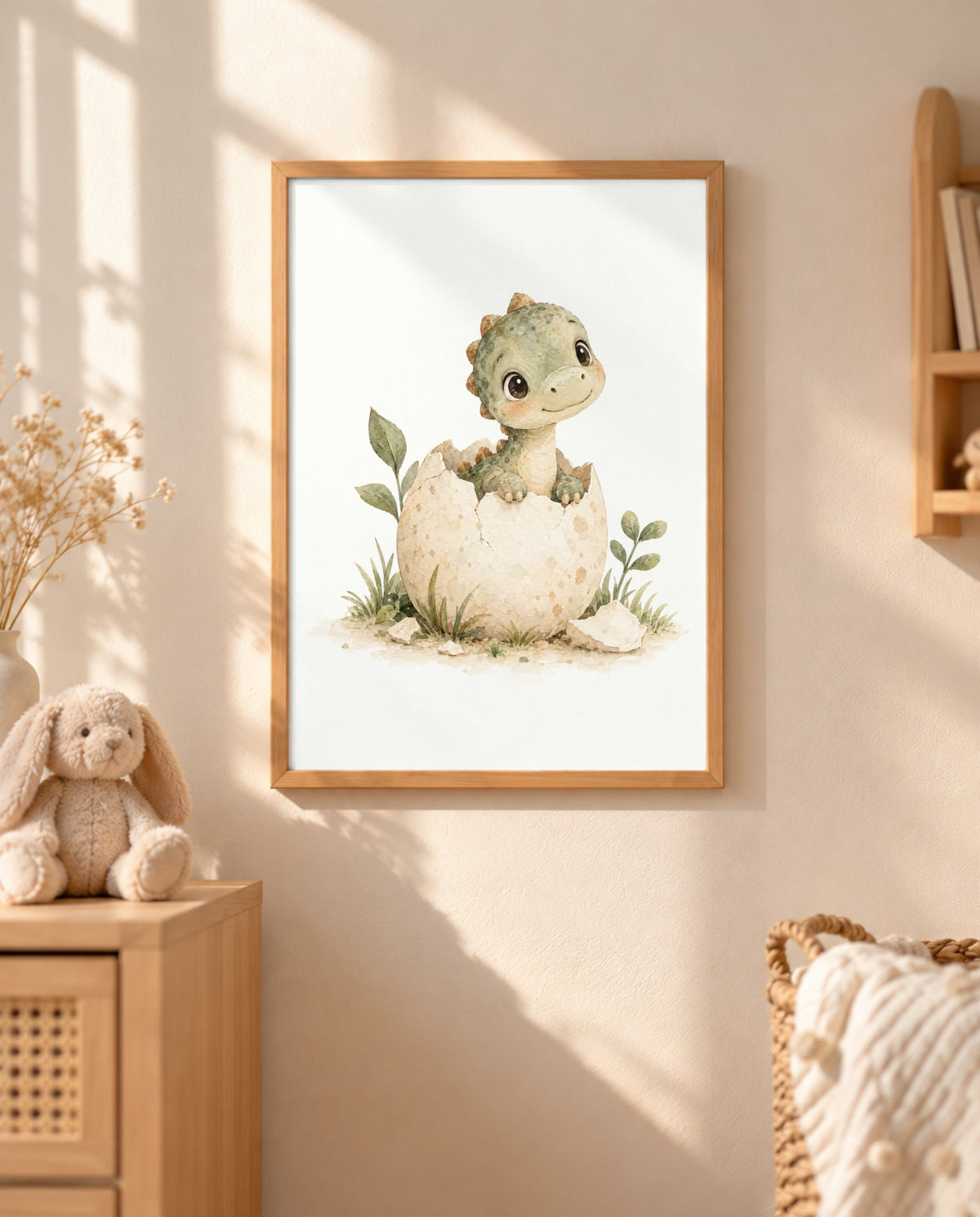 Gerahmtes Dino-im-Ei-Poster an einer beigefarbenen Wand im Sonnenlicht. Daneben stehen ein Holzschrank mit Stoffhase und einer Vase mit Zweigen; rechts sind ein Wandregal und ein Korb mit Kissen zu sehen.