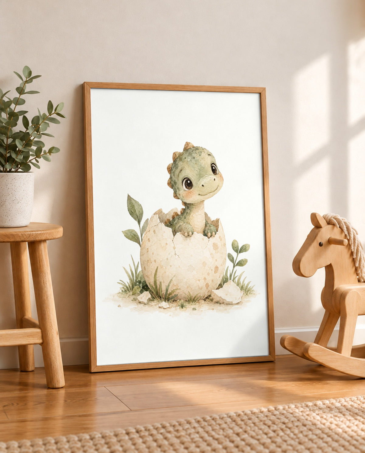 Großes Dino-im-Ei-Poster im Holzrahmen, auf dem Holzboden an eine helle Wand gelehnt. Links steht eine Topfpflanze auf einem Holzhocker, rechts ein hölzernes Schaukelpferd; im Vordergrund liegt ein heller Teppich.