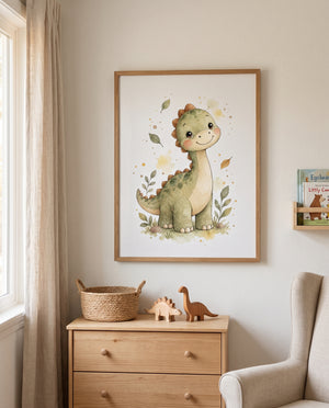 Detailansicht des grünen Dinosaurier-Motivs in einem Naturholzrahmen