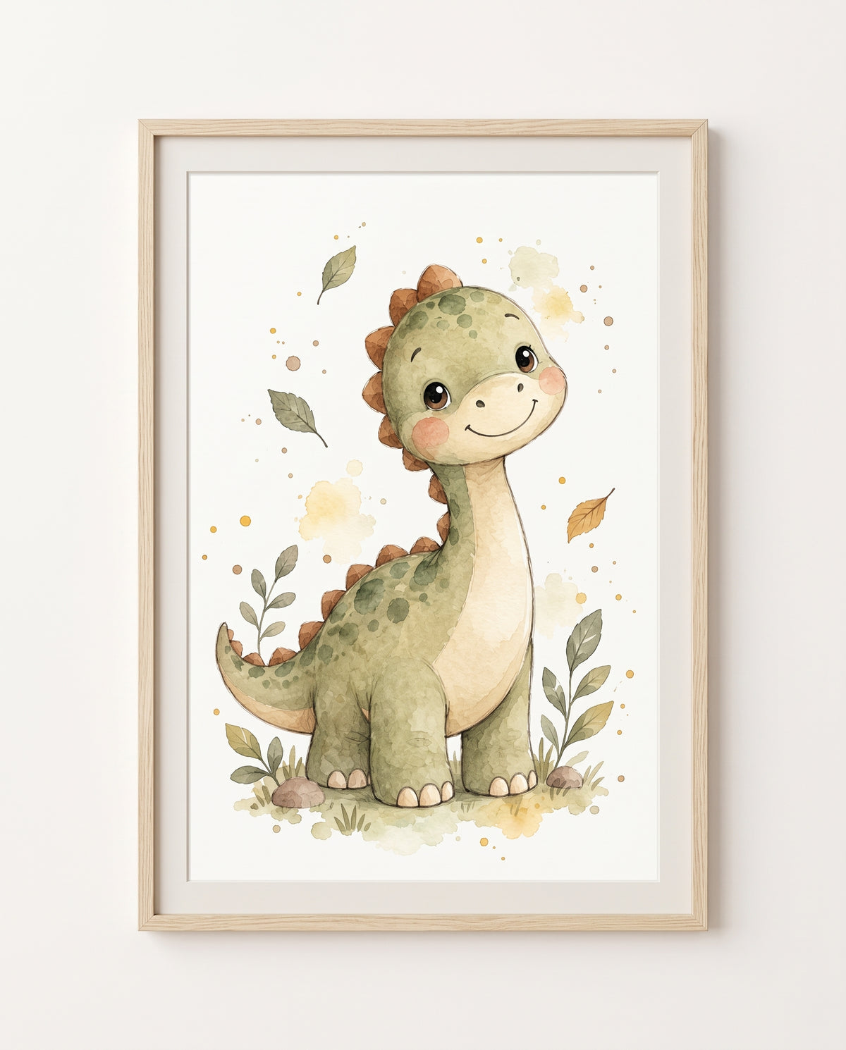 Kinderzimmer-Poster mit einem grünen Dinosaurier zwischen Gräsern und Blättern im Rahmen