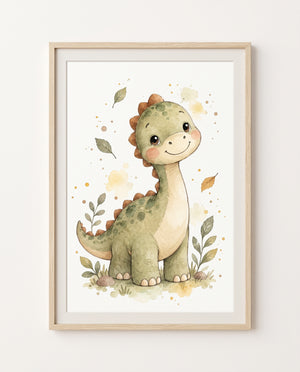 Kinderzimmer-Poster mit einem grünen Dinosaurier zwischen Gräsern und Blättern im Rahmen