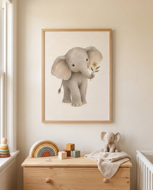 Kinderposter mit kleinem Elefanten und Blume in einer gemütlichen Kuschelecke
