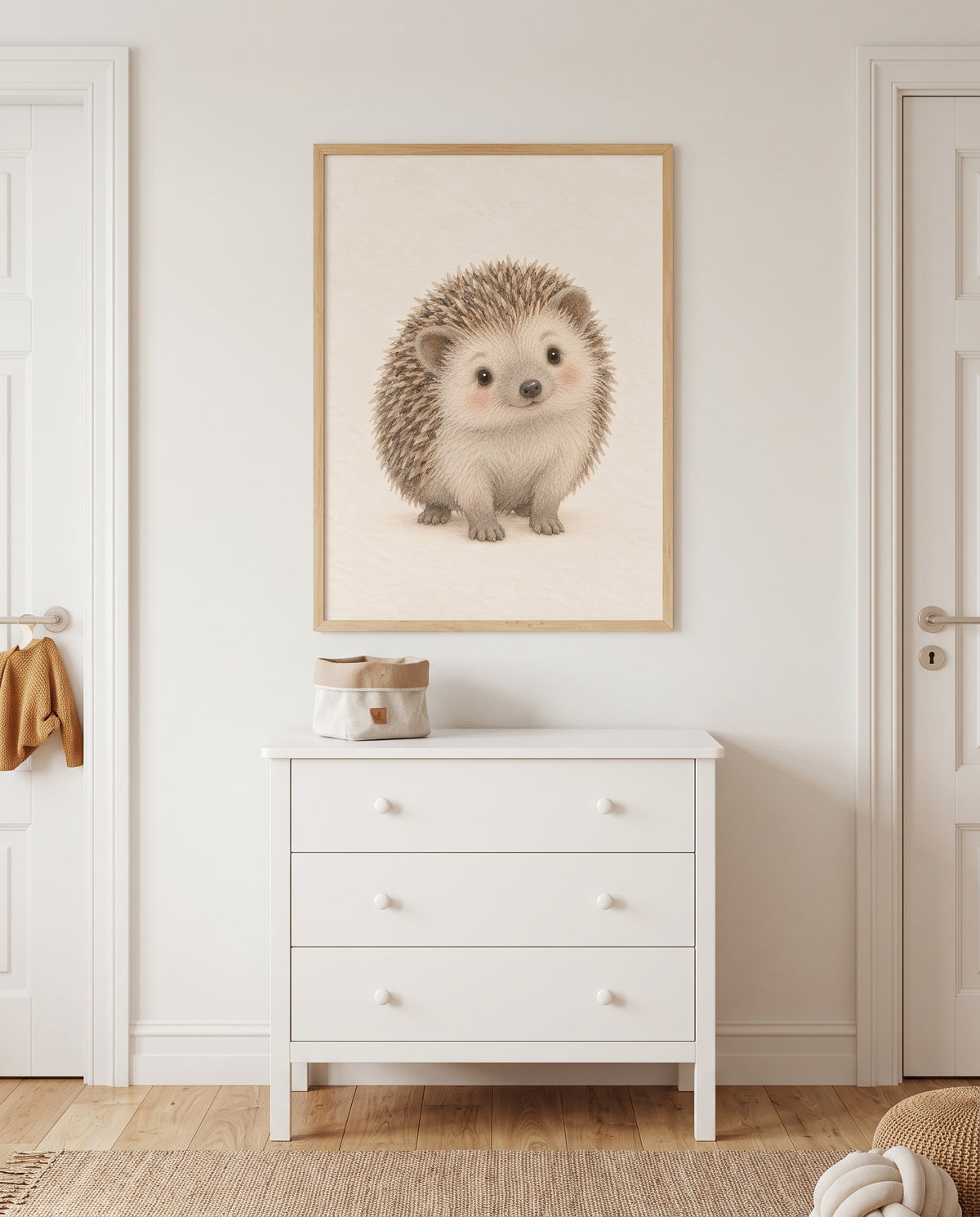 Igel-Poster in zurückhaltenden Naturtönen in einem skandinavisch gestalteten Kinderzimmer