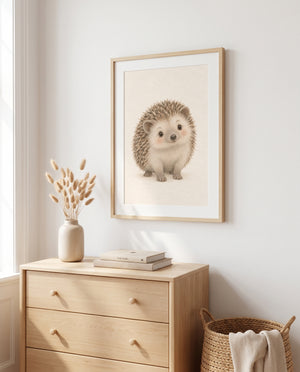 Kinderposter mit kleinem Igel in einem Babyzimmer mit Holzkommode
