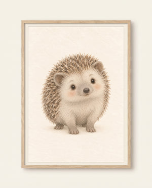 Kinderzimmer Poster mit frontal dargestelltem Igel vor hellem Hintergrund im Rahmen