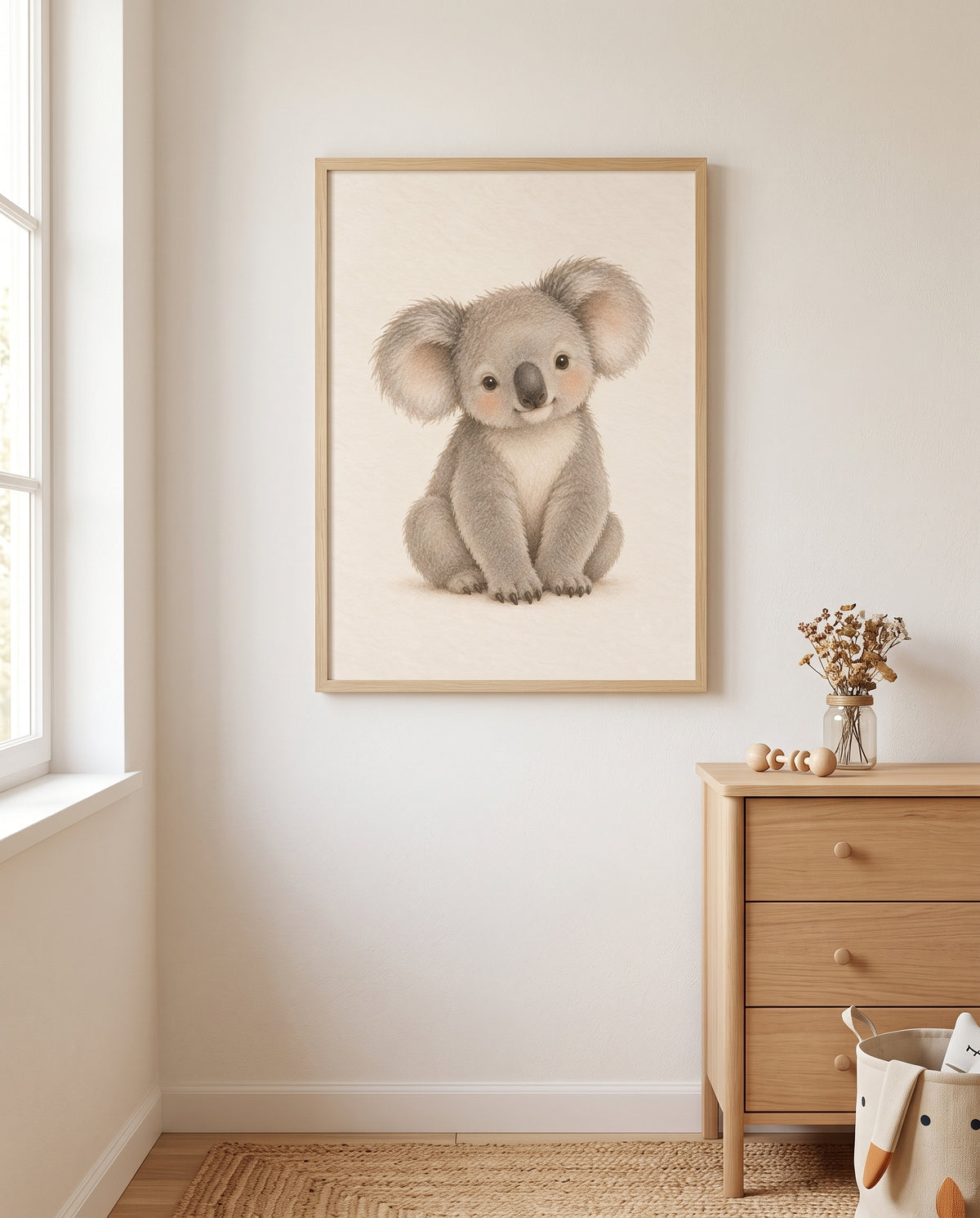 Koala-Poster in sanften Naturtönen in einem skandinavisch eingerichteten Kinderzimmer