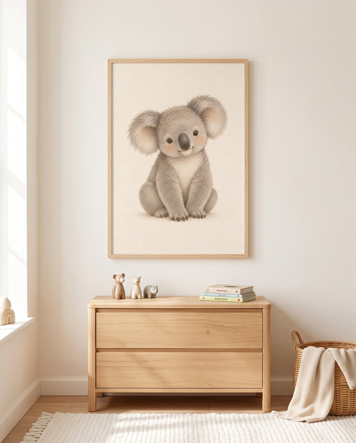 Poster mit jungem Koala in einem Babyzimmer mit Holzkommode