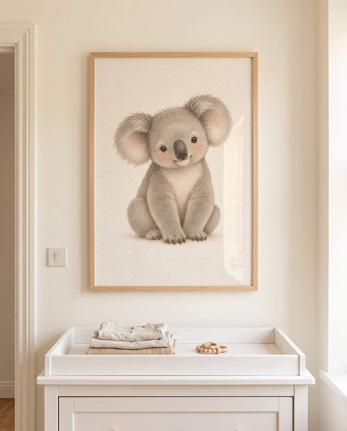 Detailansicht des Koala-Motivs in einem Naturholzrahmen