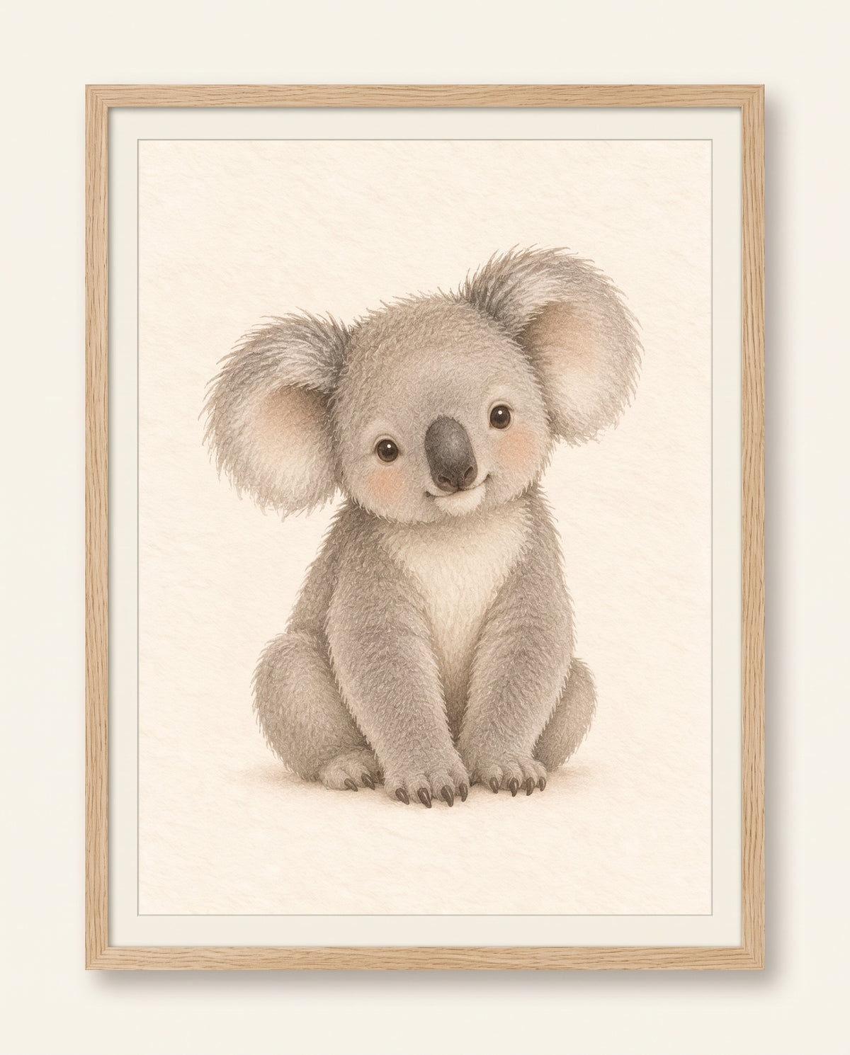 Kinderzimmer-Poster mit einem jungen Koala vor hellem Hintergrund in einem Rahmen